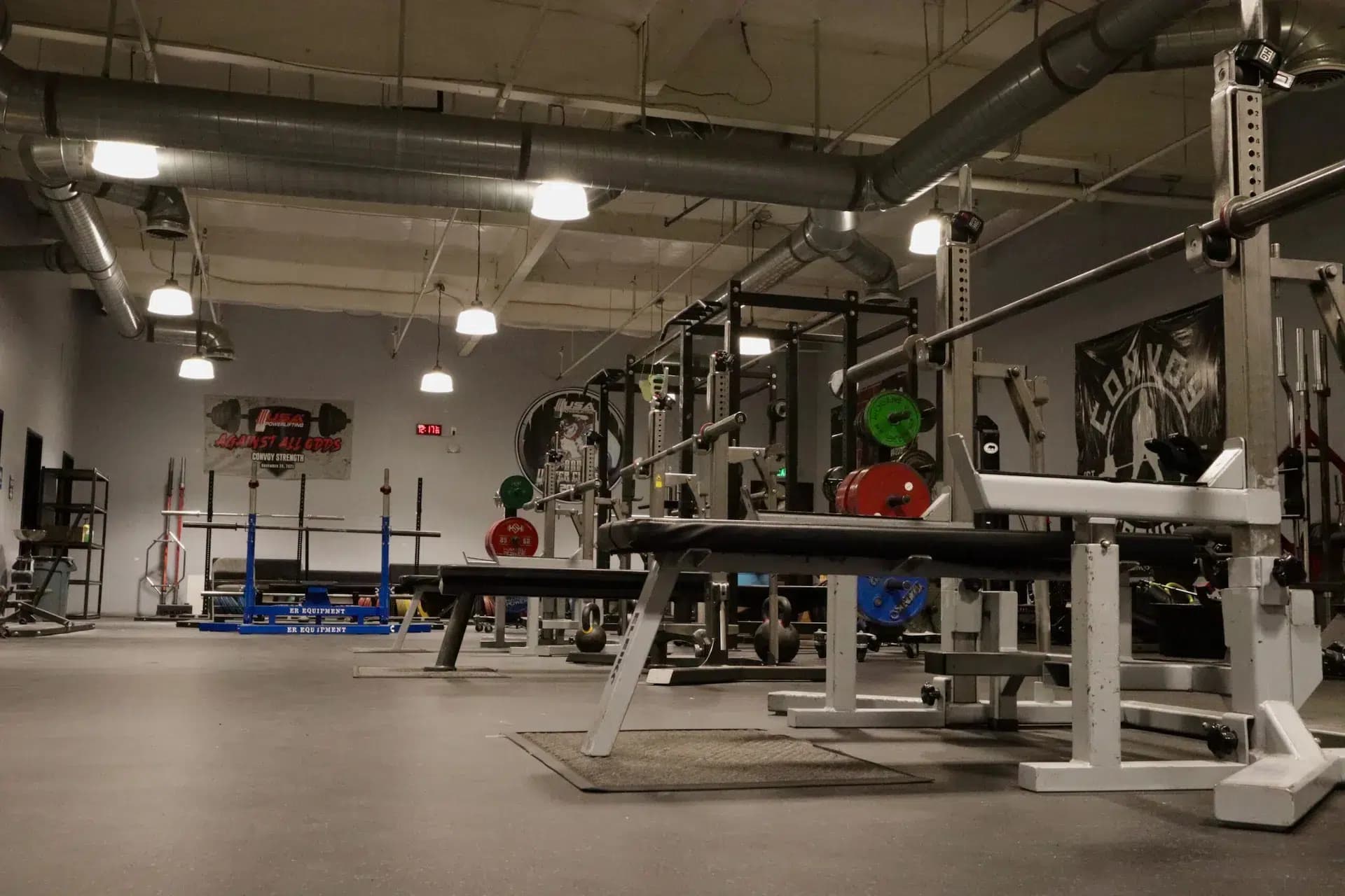A row of racks and benches on the Convoy Strength floor